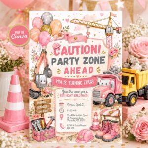Pink Construction Birthday Invitation, Girl Builder 4th Birthday Dump Truck Party Invite, Editable Canva Template
