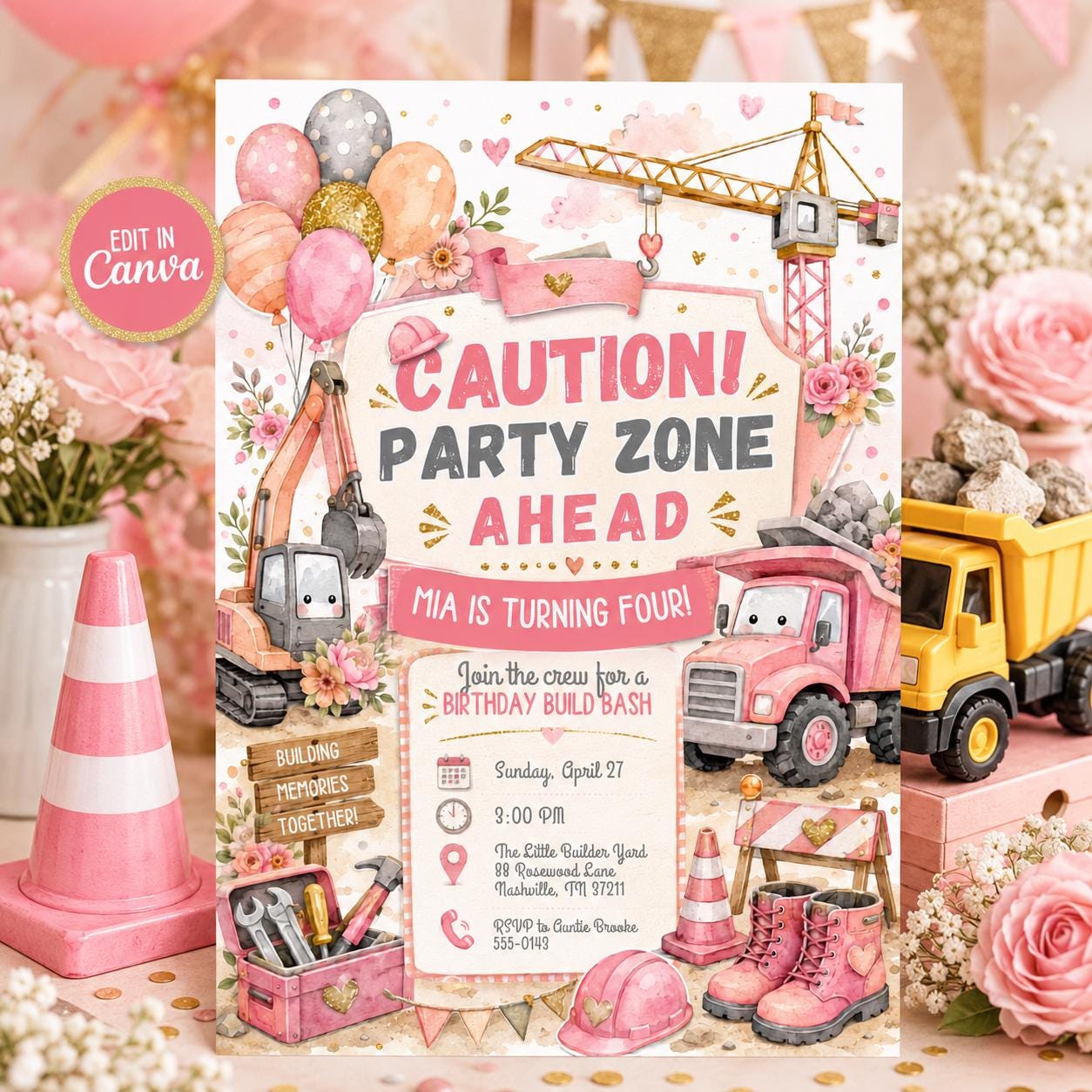 Pink Construction Birthday Invitation, Girl Builder 4th Birthday Dump Truck Party Invite, Editable Canva Template