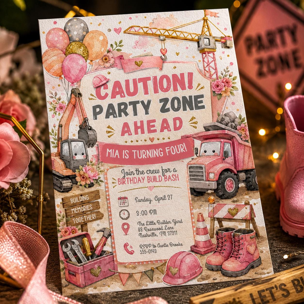 Pink Construction Birthday Invitation, Girl Builder 4th Birthday Dump Truck Party Invite, Editable Canva Template - Image 4