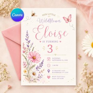 Wildflower 3rd Birthday Invitation, Editable Floral Girl Party Invite Printable Little Flower Birthday Canva Template