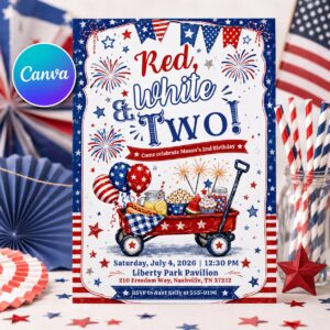 Red White and Two Birthday Invitation, 4th of July Patriotic 2nd Birthday Party, Watercolor Wagon Editable Printable Canva Template