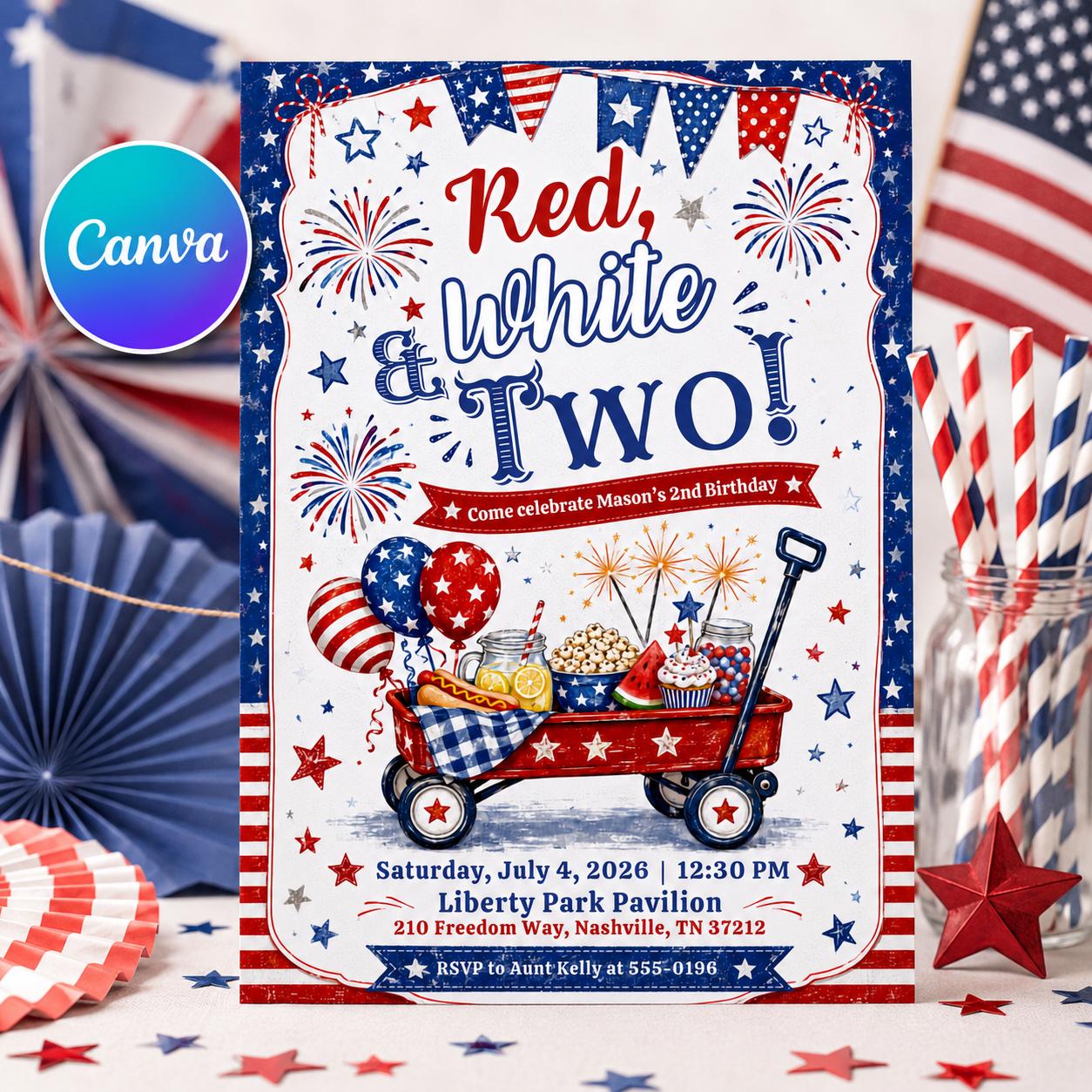 Red White and Two Birthday Invitation, 4th of July Patriotic 2nd Birthday Party, Watercolor Wagon Editable Printable Canva Template