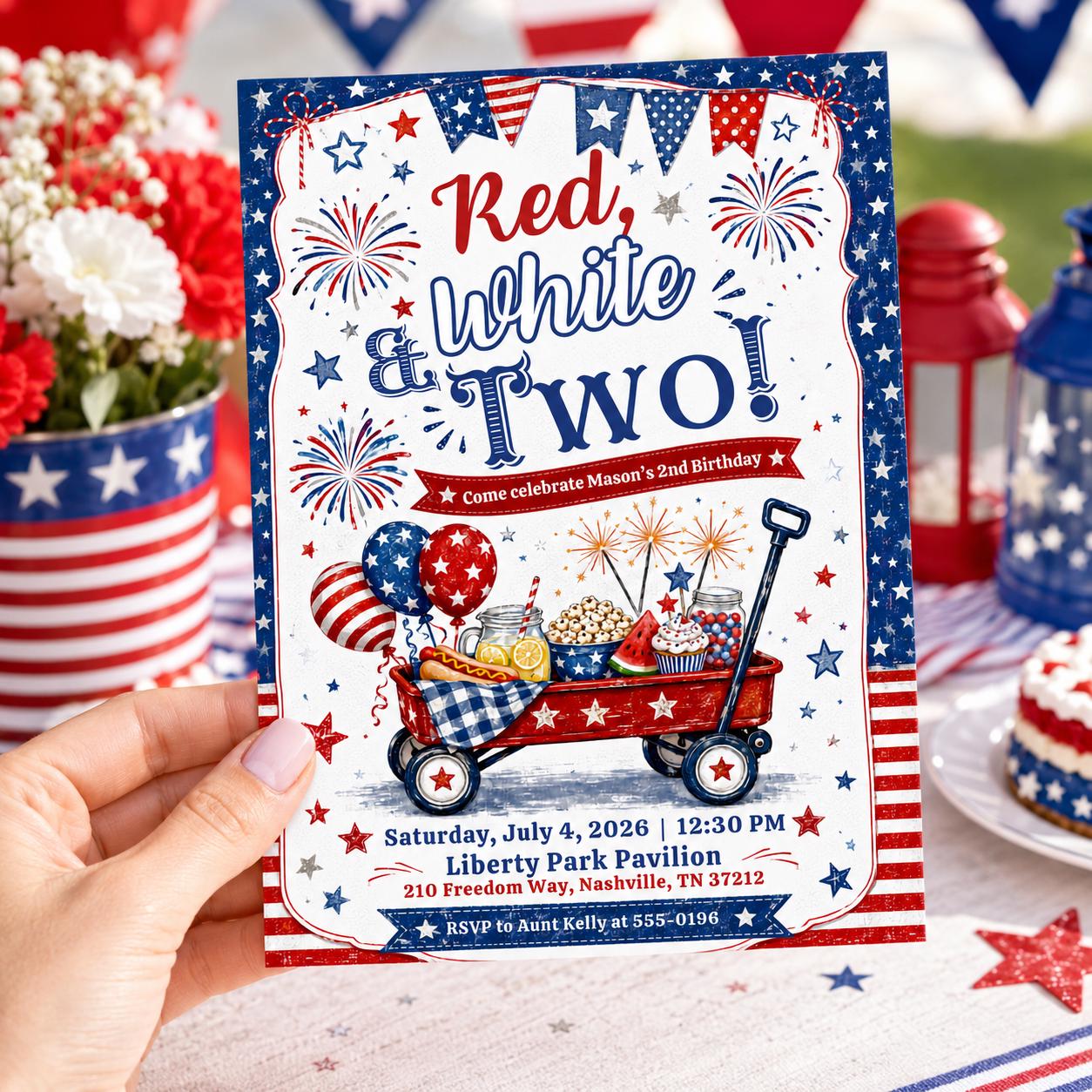 Red White and Two Birthday Invitation, 4th of July Patriotic 2nd Birthday Party, Watercolor Wagon Editable Printable Canva Template - Image 6