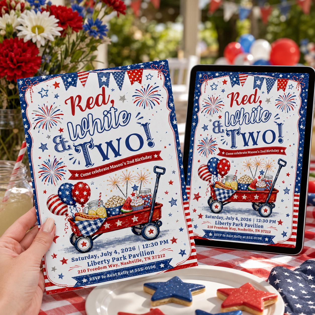 Red White and Two Birthday Invitation, 4th of July Patriotic 2nd Birthday Party, Watercolor Wagon Editable Printable Canva Template - Image 3