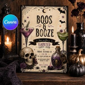 Boos and Booze Halloween Invitation, Adult Haunted Happy Hour Cocktail Party, Vintage Gothic Editable Printable Canva Template