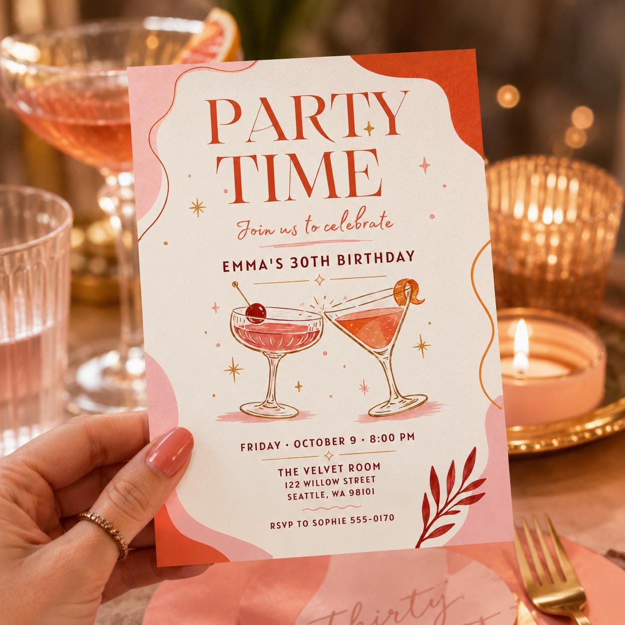 30th Birthday Invitation, Cocktail Party for Her Modern Minimal Editable Printable Canva Template - Image 4