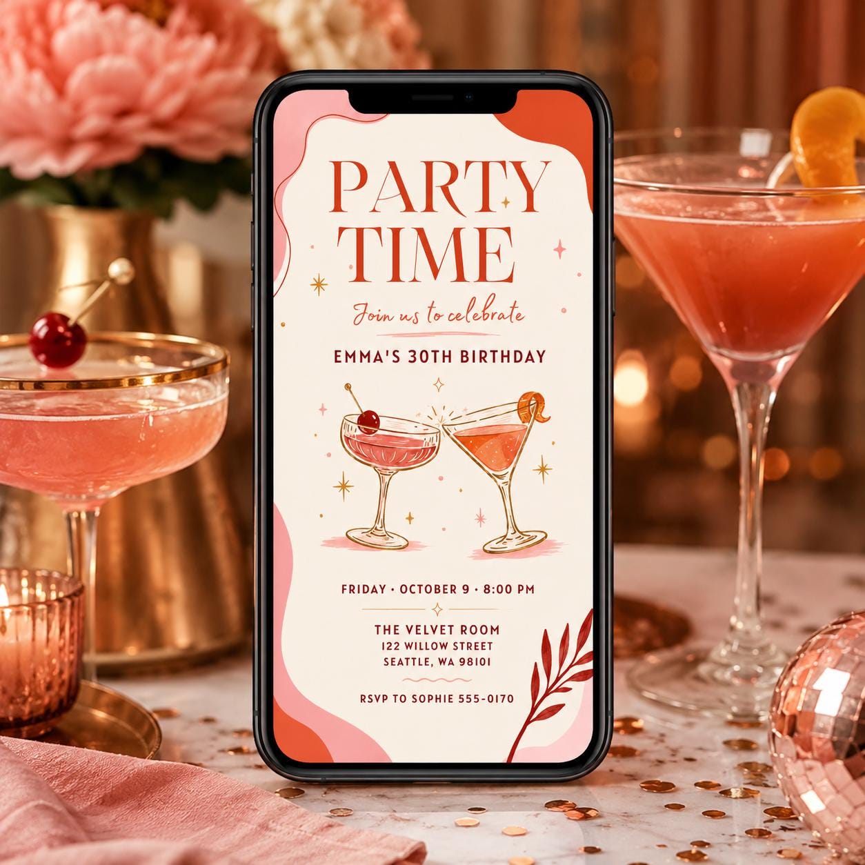 30th Birthday Invitation, Cocktail Party for Her Modern Minimal Editable Printable Canva Template - Image 5