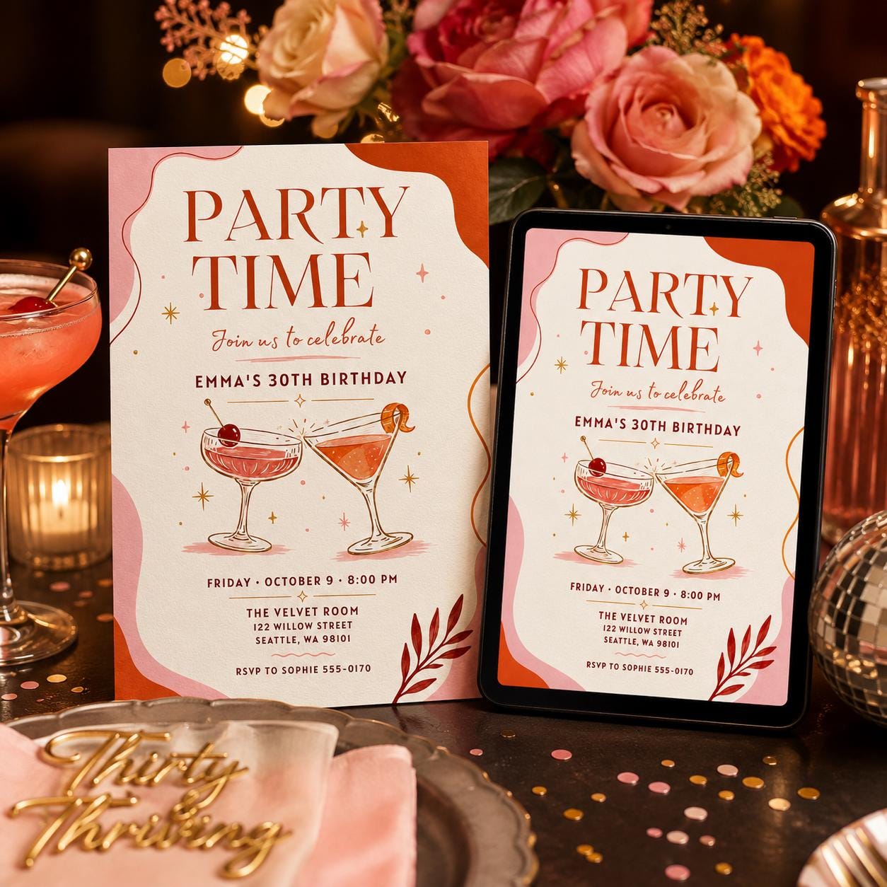 30th Birthday Invitation, Cocktail Party for Her Modern Minimal Editable Printable Canva Template - Image 3