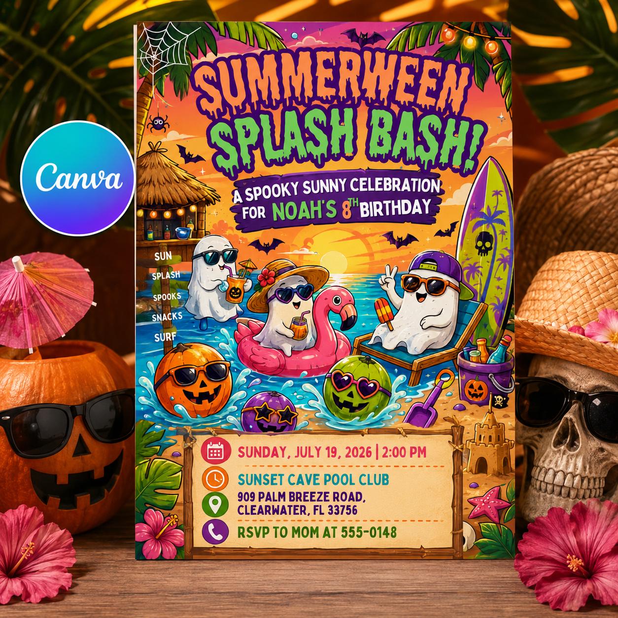 Summerween Birthday Invitation, Halloween Pool Party Splash Bash, Spooky Summer Ghost Invite, Editable Canva Template