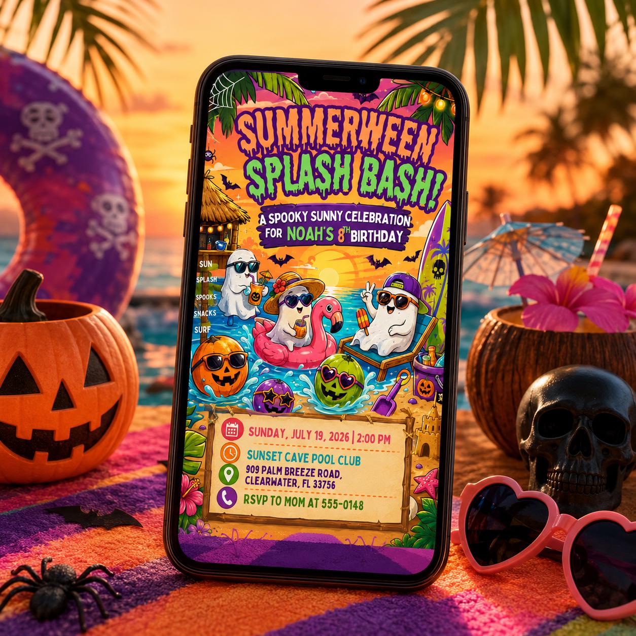 Summerween Birthday Invitation, Halloween Pool Party Splash Bash, Spooky Summer Ghost Invite, Editable Canva Template - Image 5
