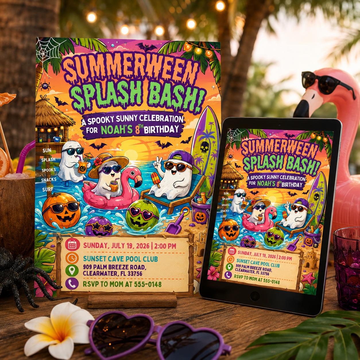Summerween Birthday Invitation, Halloween Pool Party Splash Bash, Spooky Summer Ghost Invite, Editable Canva Template - Image 3