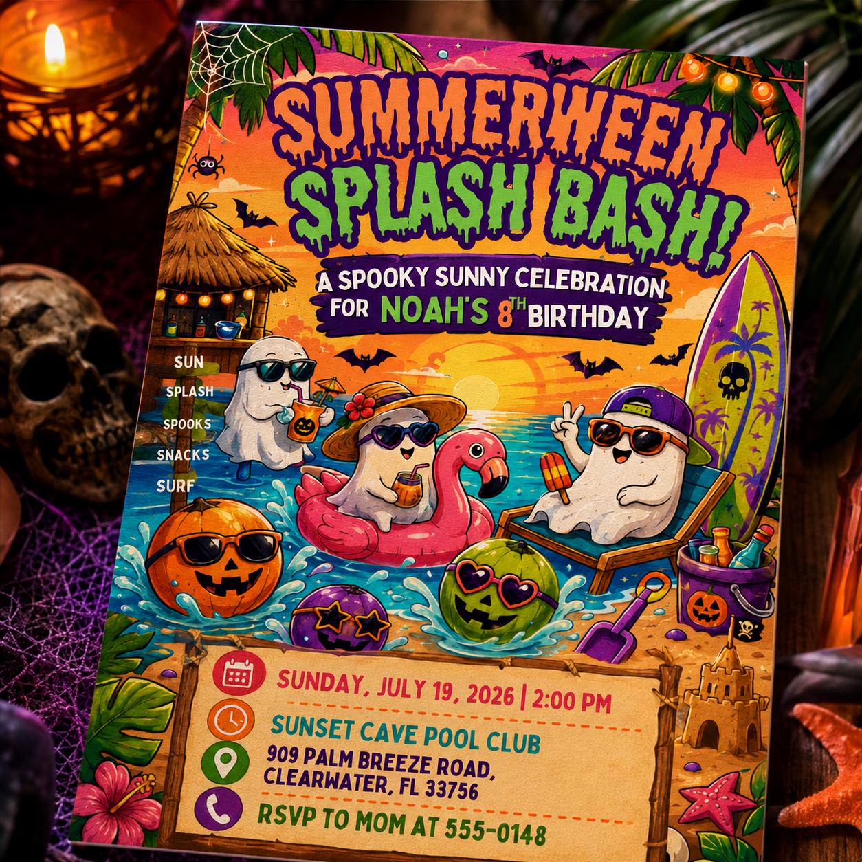 Summerween Birthday Invitation, Halloween Pool Party Splash Bash, Spooky Summer Ghost Invite, Editable Canva Template - Image 4