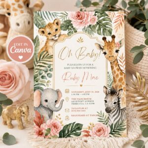 Girl Safari Baby Shower Invitation, Oh Baby Jungle Animals, Pink Floral Watercolor Editable Canva Template