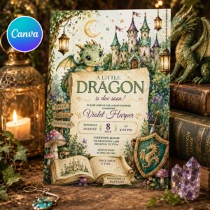 Dragon Baby Shower Invitation, A Little Dragon Is Due Soon, Fantasy Castle Watercolor Editable Canva Template