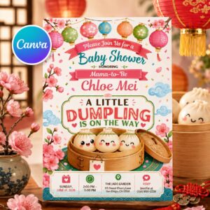 Dumpling Baby Shower Invitation, A Little Dumpling Is on the Way, Dim Sum Bao Bun Editable Canva Template