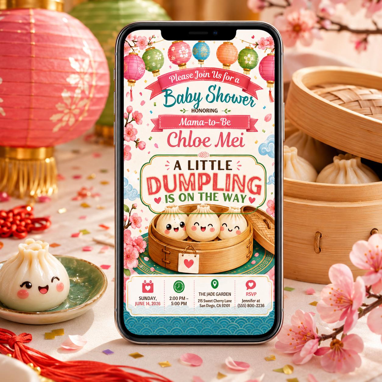 Dumpling Baby Shower Invitation, A Little Dumpling Is on the Way, Dim Sum Bao Bun Editable Canva Template - Image 5