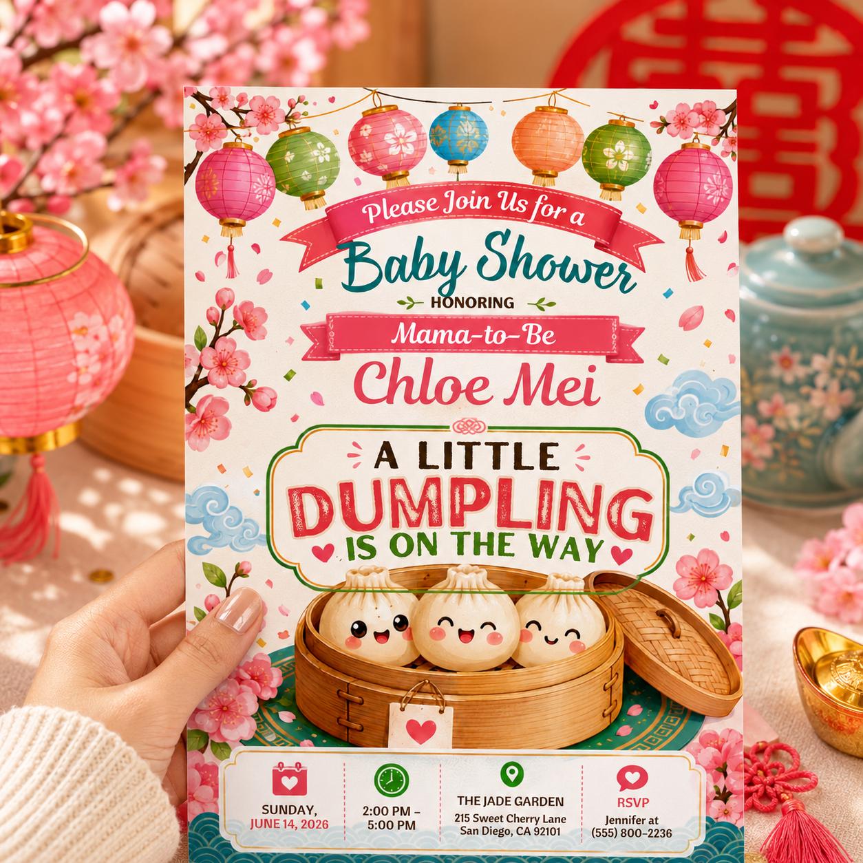 Dumpling Baby Shower Invitation, A Little Dumpling Is on the Way, Dim Sum Bao Bun Editable Canva Template - Image 6