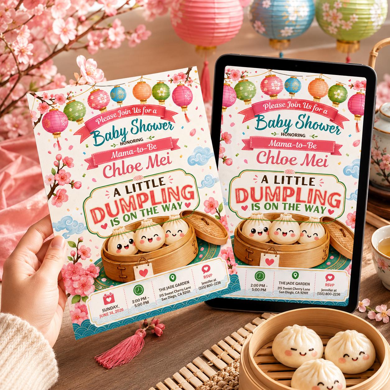 Dumpling Baby Shower Invitation, A Little Dumpling Is on the Way, Dim Sum Bao Bun Editable Canva Template - Image 3