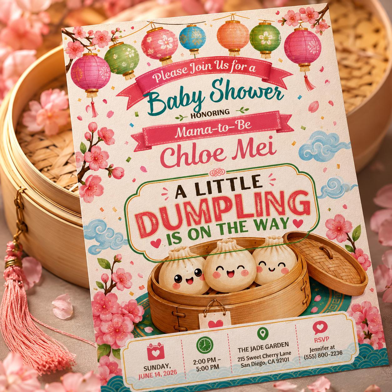 Dumpling Baby Shower Invitation, A Little Dumpling Is on the Way, Dim Sum Bao Bun Editable Canva Template - Image 4