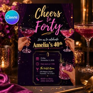 40th Birthday Invitation, Cheers to Forty Cocktail Party for Women, Pink Gold Glam Editable Printable Canva Template