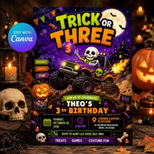 Trick or Three Birthday Invitation, Halloween Monster Truck Skeleton Party for Boy, Spooky Editable Printable Canva Template