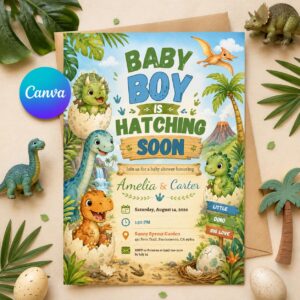 Dinosaur Baby Shower Invitation, Hatching Soon Baby Boy Dino Party Editable Printable Canva Template