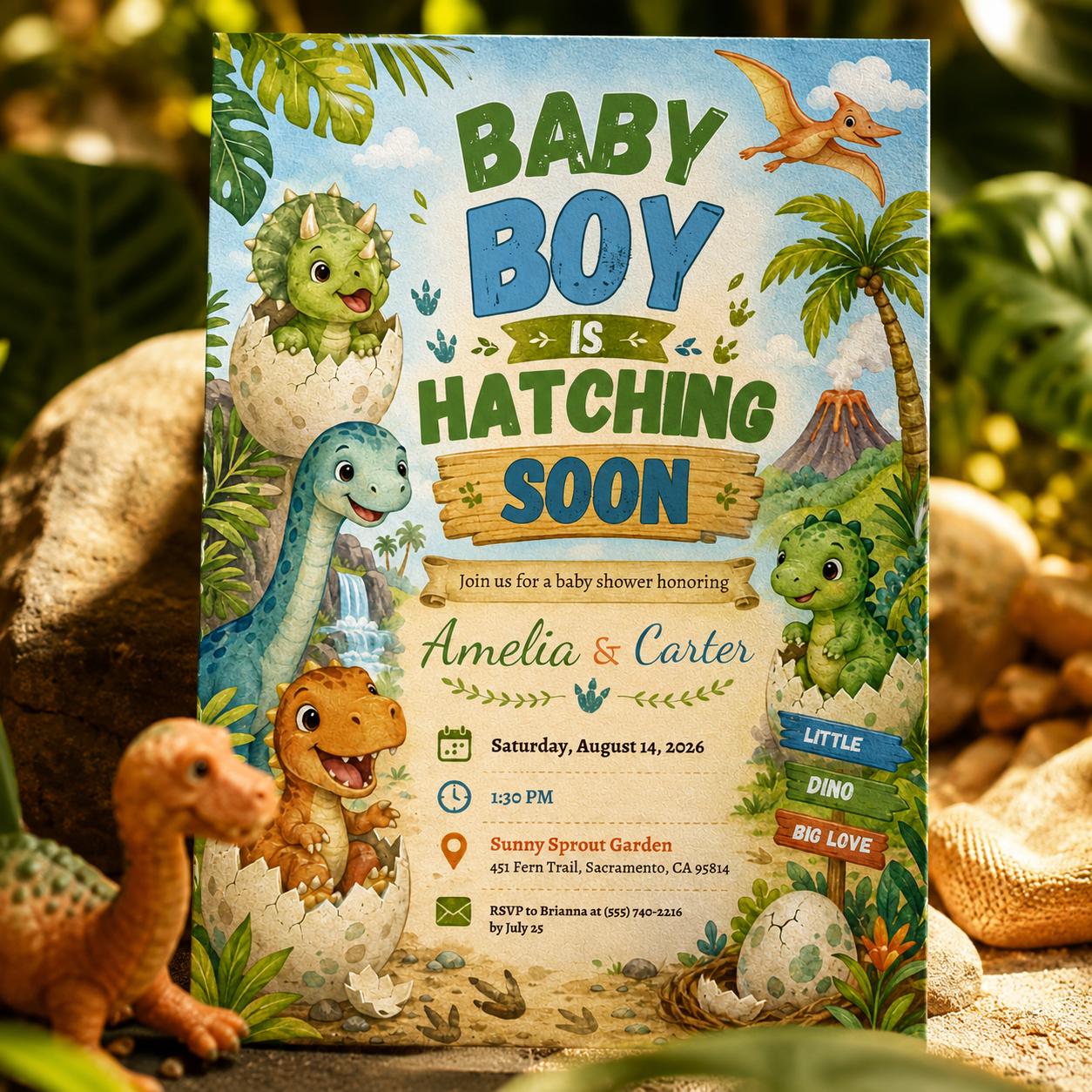 Dinosaur Baby Shower Invitation, Hatching Soon Baby Boy Dino Party Editable Printable Canva Template - Image 6