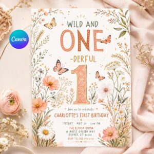 Wild One First Birthday Invitation, Wild and Onederful Wildflower Butterfly Girl Party, Editable Printable Canva Template
