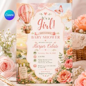 Girl Baby Shower Invitation, Pink Hot Air Balloon Floral Garden Party, It's a Girl Editable Printable Canva Template