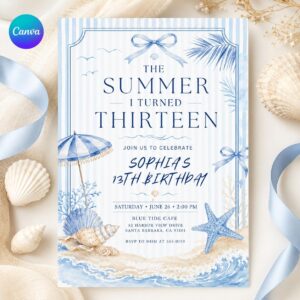 The Summer I Turned Thirteen Invitation, Coastal Beach 13th Birthday Girl Seashell Party, Editable Printable Canva Template