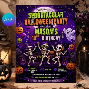 Halloween Birthday Invitation, Spooktacular Skeleton Costume Party 10th Birthday Editable Printable Canva Template