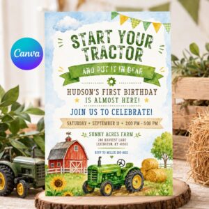 Tractor First Birthday Invitation, Farm Boy Start Your Tractor Party Editable Printable Canva Template