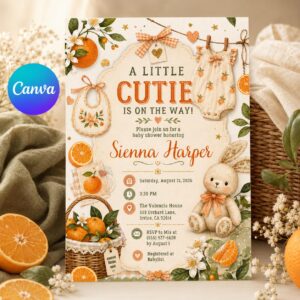 Little Cutie Baby Shower Invitation, Orange Citrus Bunny Girl Editable Printable Canva Template