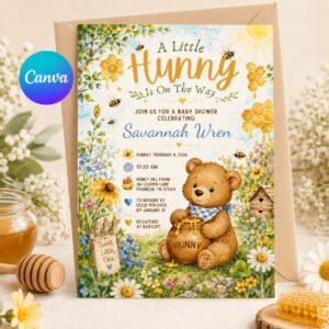Little Hunny Baby Shower Invitation, Honey Bee Teddy Bear Floral Editable Printable Canva Template
