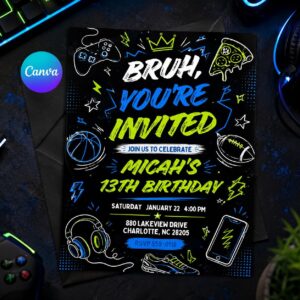 Bruh Birthday Invitation, Teen Boy Neon Gamer Sports Party Invite, Tween 13th Birthday, Editable Printable Canva Template