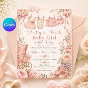 Pretty in Pink Baby Shower Invitation, Baby Girl Clothesline Floral Pram Invite, Editable Printable Canva Template