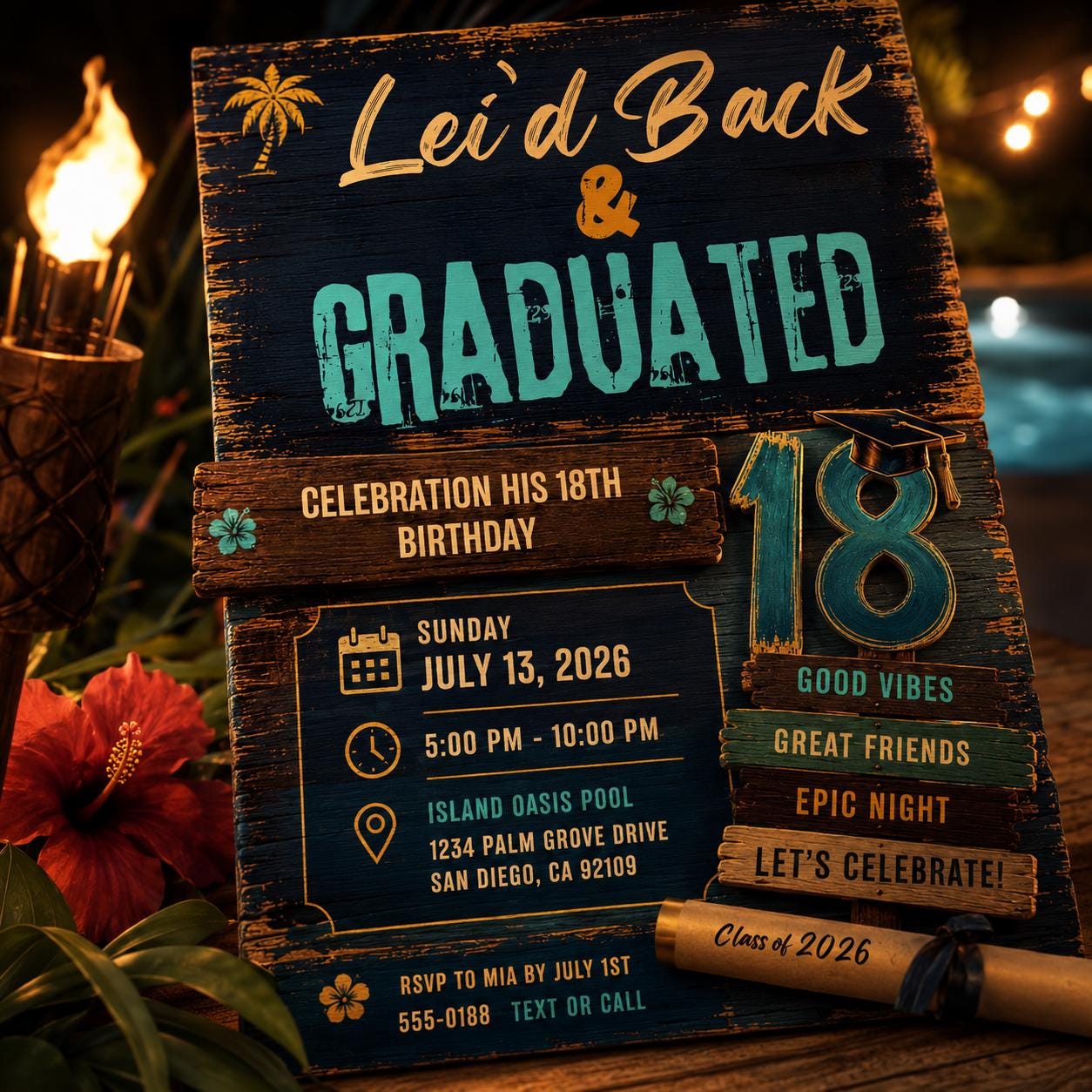 Luau Graduation Invitation, Tropical Pool Party 18th Birthday Grad Invite, Editable Hawaiian Canva Template - Image 5