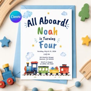 Train Birthday Invitation, All Aboard 4th Birthday Party Invite, Editable Printable Boy Canva Template