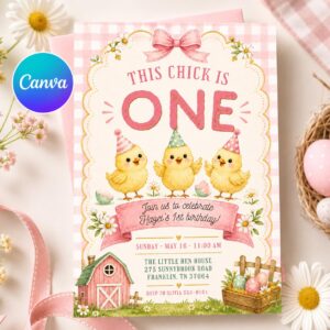 This Chick Is One Birthday Invitation, Pink Gingham Farm Girl First Birthday Editable Printable Canva Template