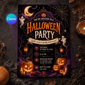 Halloween Party Invitation, Spooky Pumpkin Ghost Invite, Vintage Haunted Night Printable, Editable Canva Template