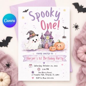 Spooky One Birthday Invitation Girl Halloween 1st Birthday Editable Pink Purple Printable Canva Template