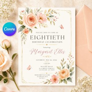 80th Birthday Invitation, Elegant Blush Floral Women Birthday Party Editable Printable Canva Template