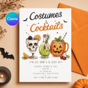 Costumes and Cocktails Invitation, Halloween Party Invite, Editable Adult Cocktail Printable Canva Template