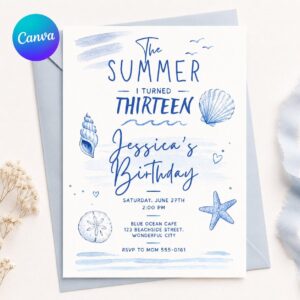 Summer I Turned Thirteen Invitation, Blue Seashell Beach 13th Birthday Editable Printable Canva Template