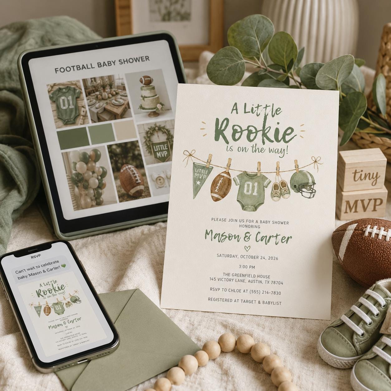 Football Baby Shower Invitation, Little Rookie Boy Sports Theme Printable Editable Canva Template - Image 5