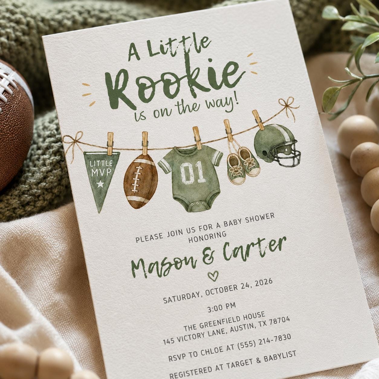 Football Baby Shower Invitation, Little Rookie Boy Sports Theme Printable Editable Canva Template - Image 4