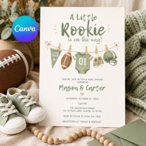 Football Baby Shower Invitation, Little Rookie Boy Sports Theme Printable Editable Canva Template