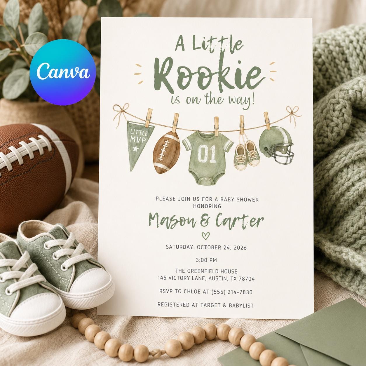 Football Baby Shower Invitation, Little Rookie Boy Sports Theme Printable Editable Canva Template