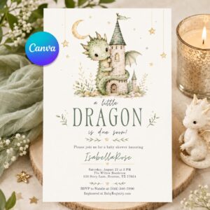 Dragon Baby Shower Invitation, A Little Dragon Is Due Soon Printable Editable Canva Template