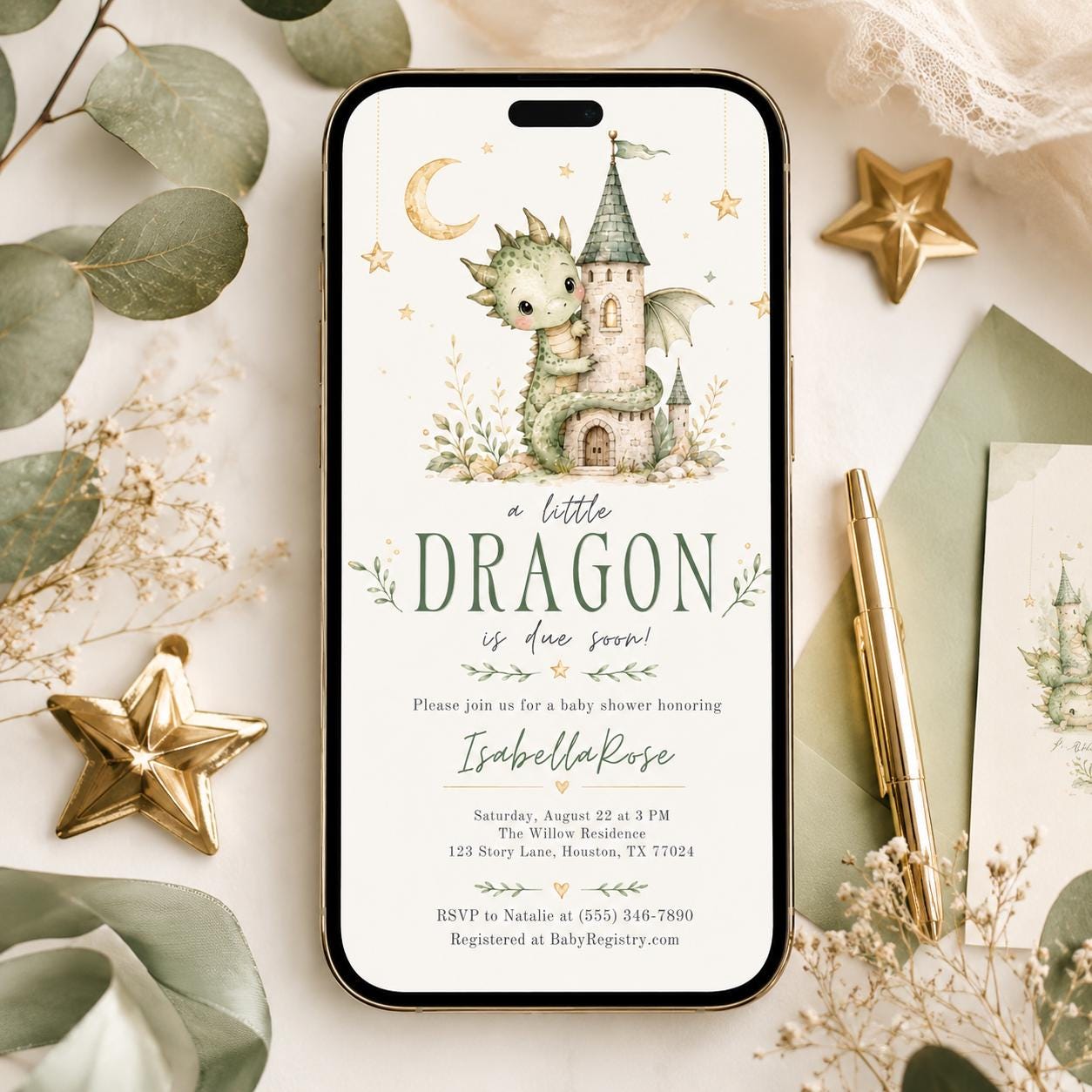 Dragon Baby Shower Invitation, A Little Dragon Is Due Soon Printable Editable Canva Template - Image 3